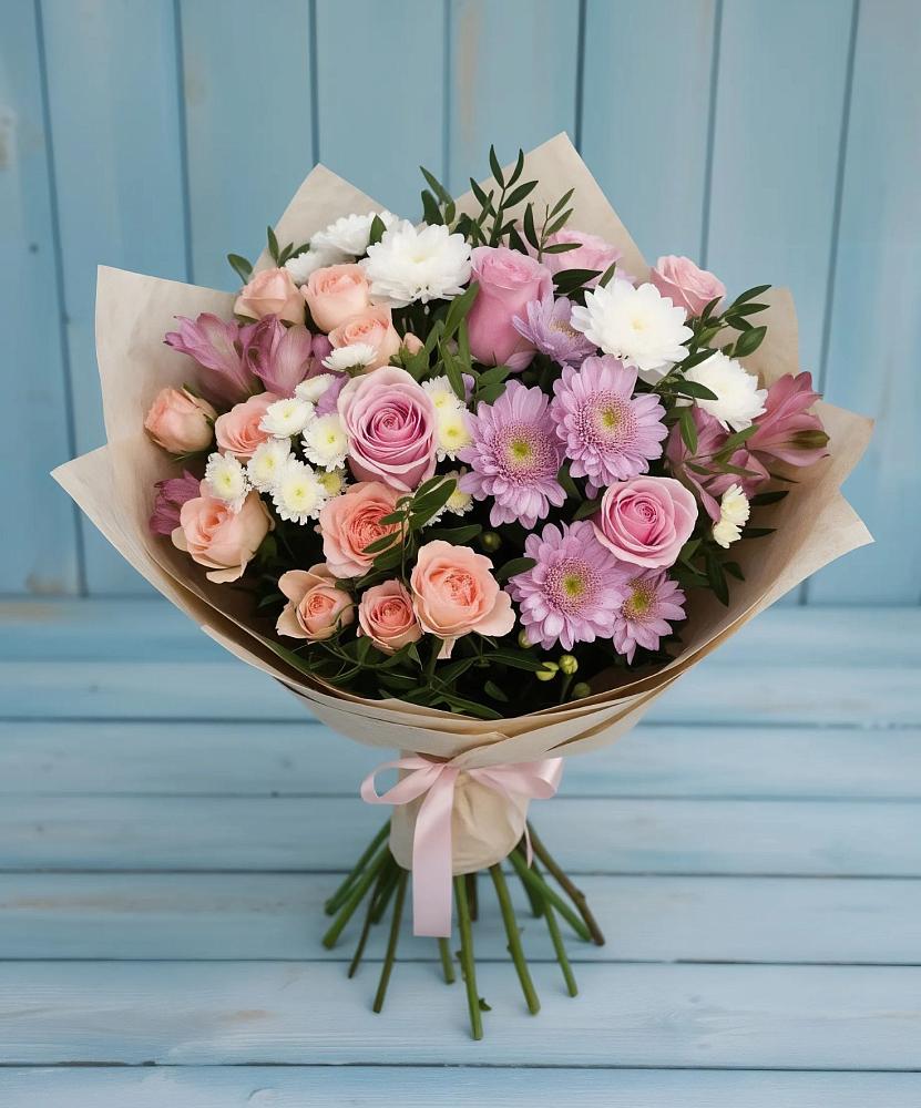 Букет цветов из: Хризантемы, Розы и Альстромерии в Красном Пахаре