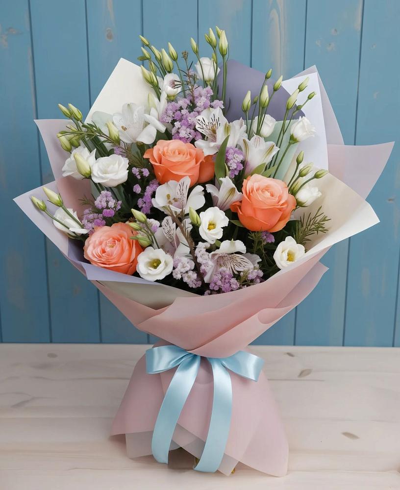 Букет цветов из: Лизиантусы, Розы, Альстромерии и Гипсофила в Красном Пахаре