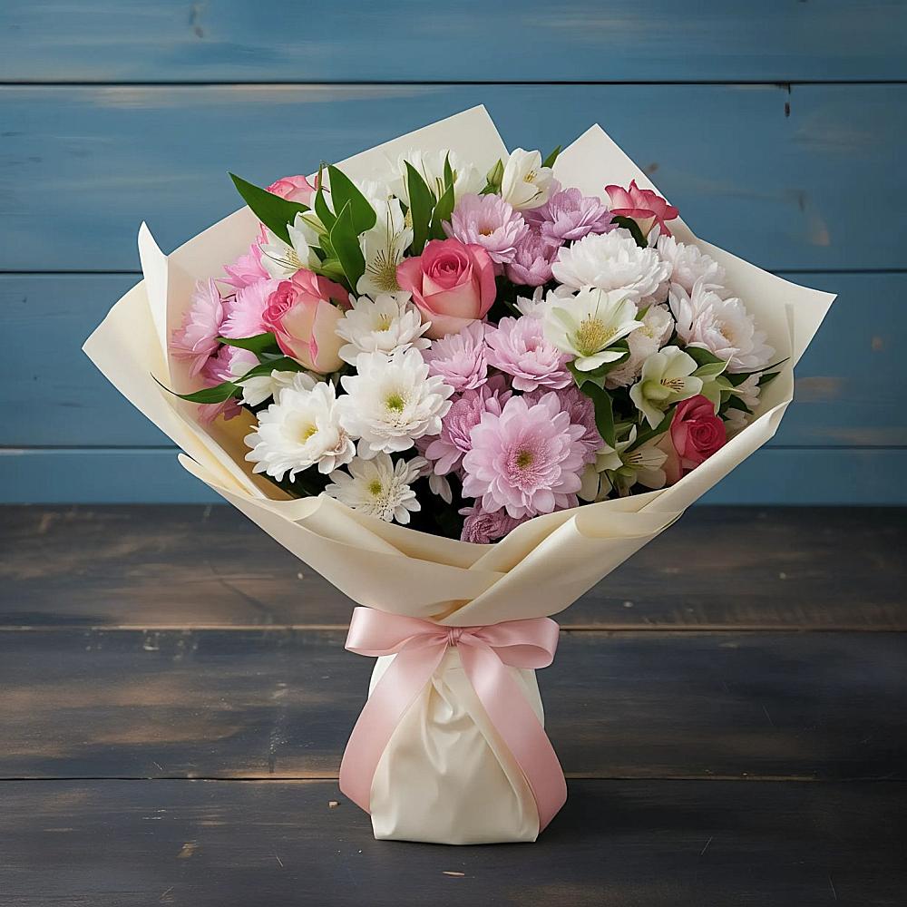 Букет цветов из: Хризантемы, Альстромерии и Розы в Красном Пахаре